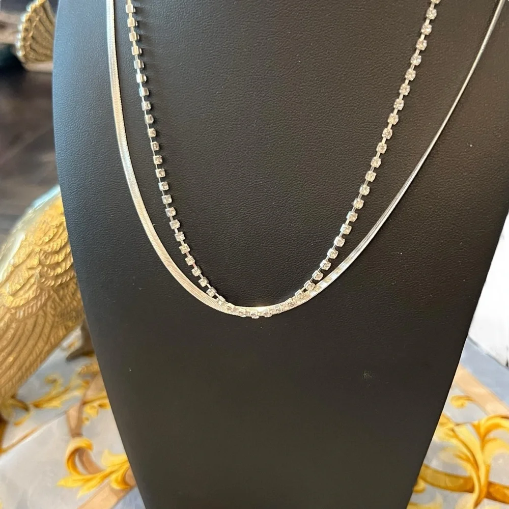 Claire's Silver And Rhinestone Necklaces -2- Snake Style And Square‎ Rhinestones